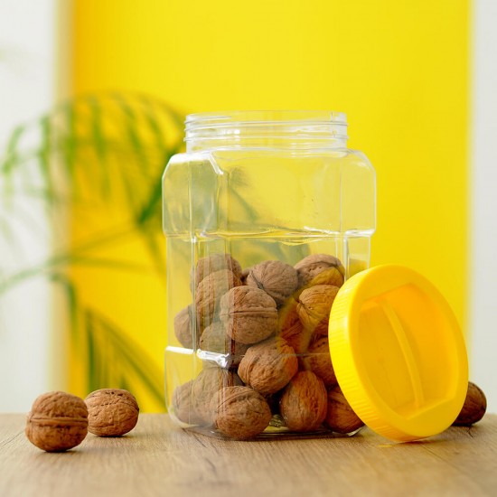 Borcan Pet Patrat cu Capac, 2 L, Culoare Recipient Transparent, Culoare Capac Galben, Borcan Pet, Borcan Patrat, Borcan cu Capac, Borcan Pet cu Capac, Borcan Plastic, Flacon Plastic, Borcan 2 L