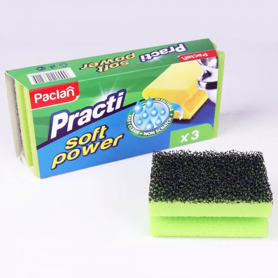Set 3 Bureti Vase PACLAN Soft Power 2 in 1, Verzi, Spuma Poliuretanica si Fibra Abraziva, Bureti cu Spuma si Fibra Abraziva, Bureti Vase PACLAN, Bureti cu Canelura, Bureti de Vase, Bureti cu Canelura pentru Vase, Bureti pentru Spalat Vasele