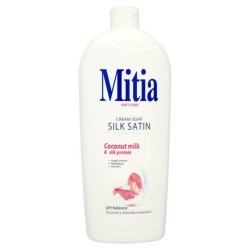 Rezerva Sapun Lichid MITIA Satin Silk, 1L, Lapte de Cocos, Bidon Rezerva Sapun Lichid 1L, Rezerve de Sapun Lichid, Rezerve de Sapunuri Lichide, Rezerve Sapun pentru Recipiente cu Pompita, Rezerva Sapun pentru Curatare Maini