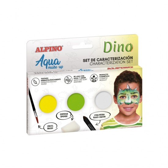 Set Alpino Aqua Make Up - Dino, 3 Culori+pensula Si Burete Machiaj