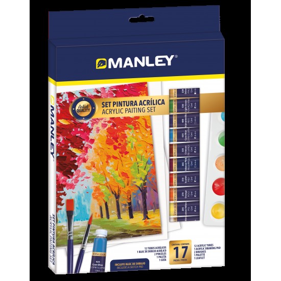 Set Tempera Acrilica Manley, Rezistente La Apa, 2 Pensule+paleta Incluse - 12 Culori/set