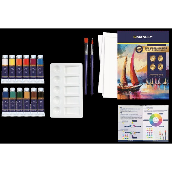 Set Tempera Acrilica Manley, Solubila In Apa, 12 Ml - 12 Culori/set