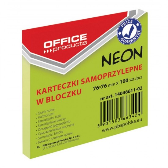 Notite Adezive OFFICE Products, 76x76 mm, 100 File, 70 g/mÂ², Culoare Verde Neon, Notes-uri, Post-it, Articole Hartie, Accesorii Birou