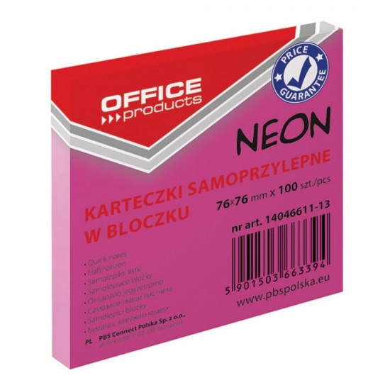 Notite Adezive OFFICE Products, 76x76 mm, 100 File, 70 g/mÂ², Culoare Roz Neon, Notes-uri, Post-it, Articole Hartie, Accesorii Birou