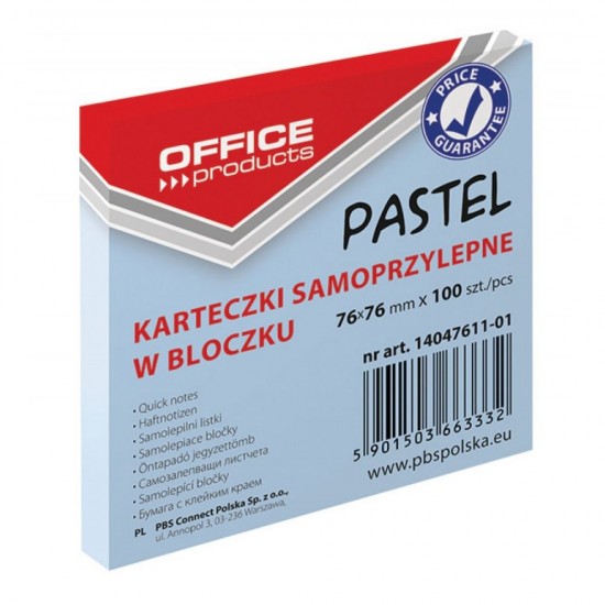 Notite Adezive OFFICE Products, 76x76 mm, 100 File, 70 g/mÂ², Culoare Albastru Pastel, Notes-uri, Post-it, Articole Hartie, Accesorii Birou