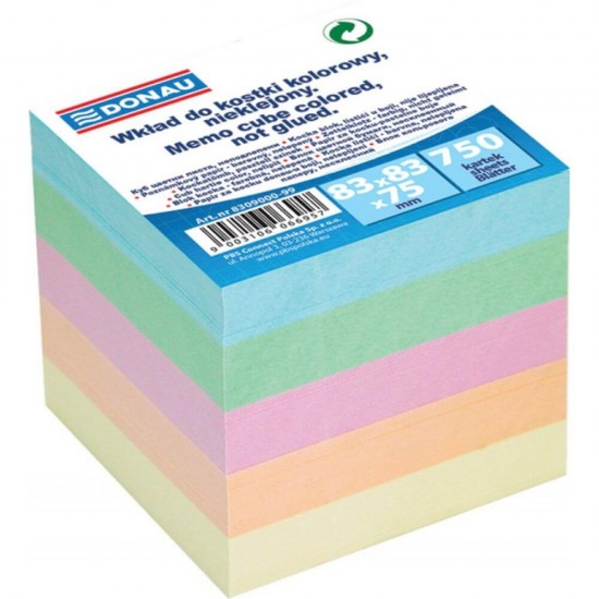Rezerva Cub Hartie DONAU, 8.3x8.3x7.5 cm, 750 File/Set, Culori Pastel Asortate, Rezerve Cub Hartie, Bloc Notite, Notite de Hartie Non Adeziva, Rezerva Cub Hartie Colorata, Accesorii Birou