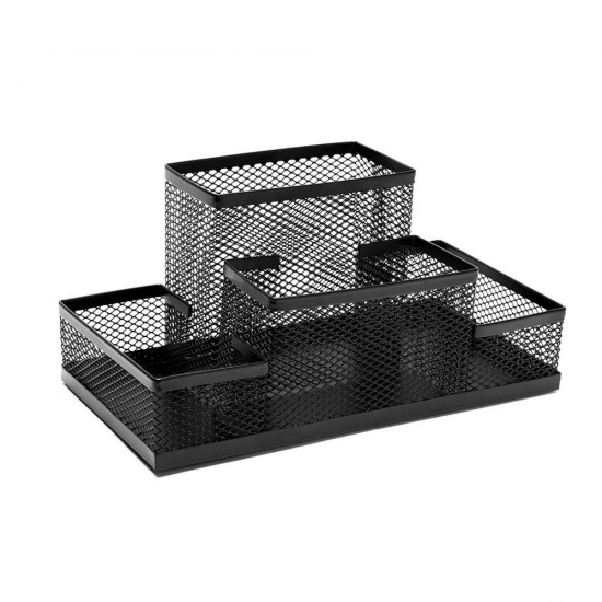 Organizator de Birou, 153x103x100 mm, 4 Compartimente, Suport pentru Accesorii din Plasa Metalica, Accesorii Birou, Suport Accesorii de Scris, Organizer Metalic
