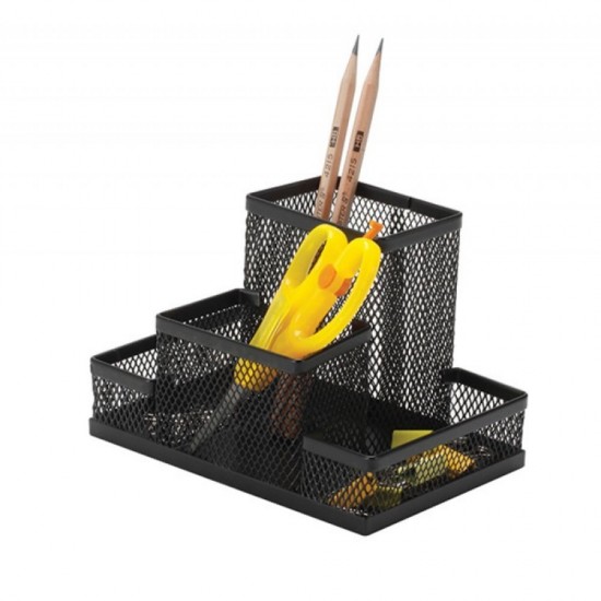 Organizator de Birou, 153x103x100 mm, 4 Compartimente, Suport pentru Accesorii din Plasa Metalica, Accesorii Birou, Suport Accesorii de Scris, Organizer Metalic