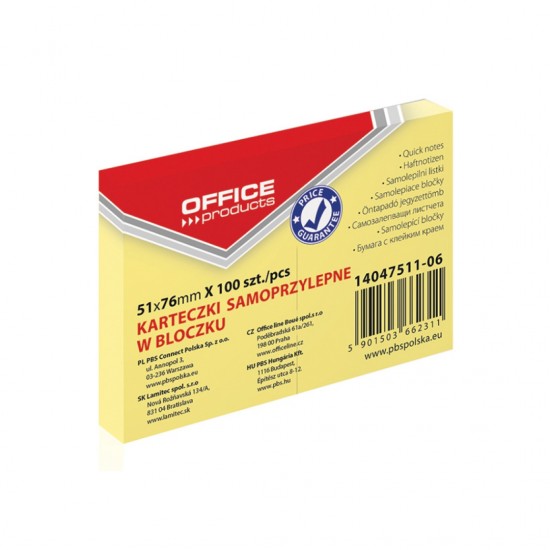 Notes Autoadeziv 51 X 76 Mm, 100buc/set, Office Products - Galben Pastel