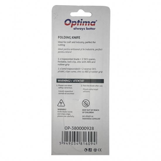 Cutter Optima Pro, Lama Trapezoidala + 2 Rezerve Sk5, Pliabil, Clips Curea, Zinc Cu Rubber Grip