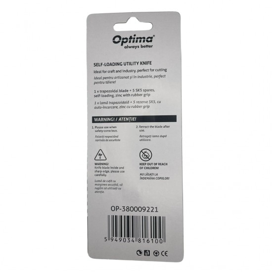 Cutter Optima Industrial, Lama Trapezoidala + 5 Rezerve Sk5, Cu Auto-incarcare, Zinc Cu Rubber Grip