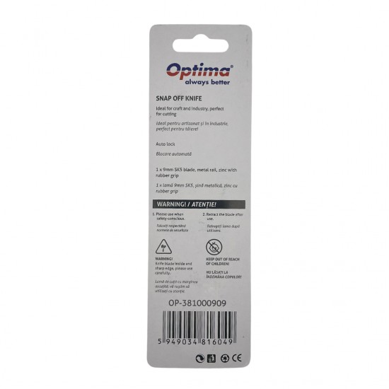 Cutter Optima Premium, Lama 9mm Sk5, Sina Metalica, Zinc Cu Rubber Grip