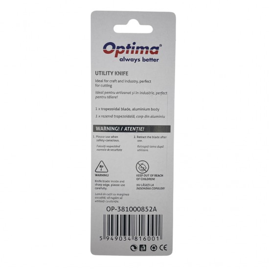 Cutter Optima Premium, Lama Trapezoidala Sk5, Auto-retractabil, Sina Metalica, Abs Cu Rubber Grip