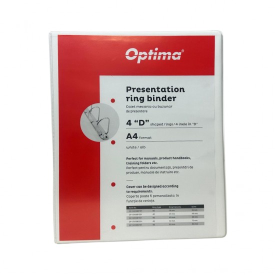 Caiet Mecanic Cu Buzunar, Plastifiat Pp, 4 Inele In "d", 25 Mm, Cotor 40mm, Optima - Alb