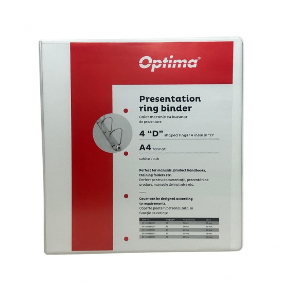 Caiet Mecanic Cu Buzunar, Plastifiat Pp, 4 Inele In "d", 65 Mm, Cotor 90mm, Optima - Alb
