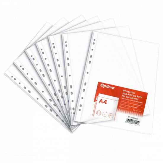 Folie Protectie Pentru Documente A4, 30 Microni, 100 Folii/set, Optima - Cristal