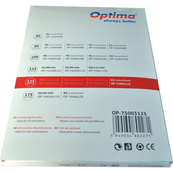 Folie Pentru Laminare, A3 (303 X 426 Mm), 125 Microni 100buc/top Optima