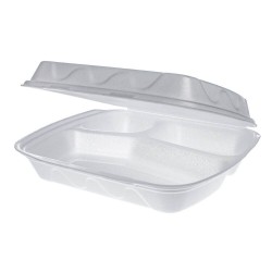 Caserole Meniu, 24x21x7 cm, 100 Buc/Set, Polistiren Expandat, 3 Compartimente, Culoare Alba, Caserole Polistiren, Caserola Unica Folosinta Polistiren, Caserole Compartimentate cu Capac, Ambalaje Catering, Caserole Fast Food, Caserola Meniu