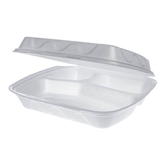 Caserole Meniu, 24x21x7 cm, 100 Buc/Set, Polistiren Expandat, 3 Compartimente, Culoare Alba, Caserole Polistiren, Caserola Unica Folosinta Polistiren, Caserole Compartimentate cu Capac, Ambalaje Catering, Caserole Fast Food, Caserola Meniu