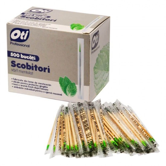 Scobitori Mentolate Lemn, 500 Buc/Set, Lungime 65 mm, Ambalate Individual, Scobitori cu Menta, Scobitori cu Varf Mentolat OTI, Scobitori din Lemn cu Aroma de Menta, Scobitori pentru Petreceri, Scobitori pentru Aperitive, Scobitori Festive