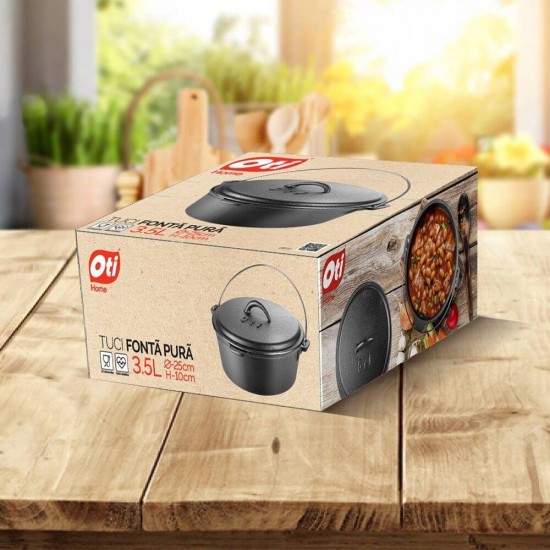 Tuci din Fonta Pura cu Capac, 3.5 Litri, 4.5 Kg, Diametru 25 cm, Culoare Neagra, Tuci pentru Aragaz, Tuci pentru Plita, Tuciuri Gatire Mancare, Tuciuri din Fonta, Tuciuri cu Capac, Tuciuri pentru Mancare, Tuciuri Negre Fonta