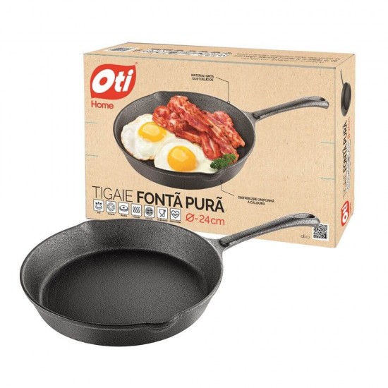 Tigaie OTI din Fonta Pura cu Inductie, Diametru 24 cm, Maner din Fonta, Material Gros, Culoare Neagra, Tigai Inductie Tigaie pentru Aragaz, Tigaie pentru Plita, Tigaie Gatire Mancare, Tigai din Fonta, Tigai pentru Mancare, Tigai Negre Fonta