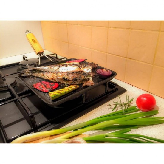 Tigaie Grill OTI din Fonta Pura cu Inductie, 22x22 cm, Maner Rabatabil, Culoare Neagra,Tigai Grill Inductie, Tigaie pentru Aragaz, Tigaie pentru Plita, Tigaie Gatire Mancare, Tigai din Fonta, Tigai pentru Mancare, Tigai Negre Fonta