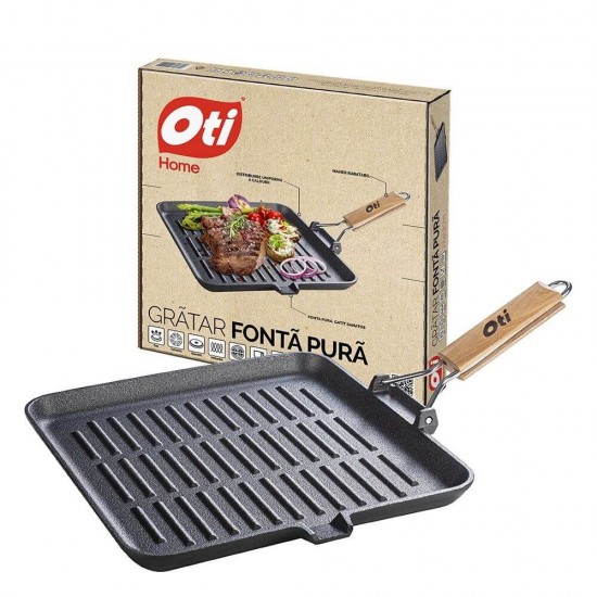 Tigaie Grill OTI din Fonta Emailata cu Inductie, 26x26 cm, Maner Rabatabil, Culoare Neagra, Tigai Inductie Tigaie pentru Aragaz, Tigaie pentru Plita, Tigaie Gatire Mancare, Tigai din Fonta, Tigai pentru Mancare, Tigai Negre Fonta