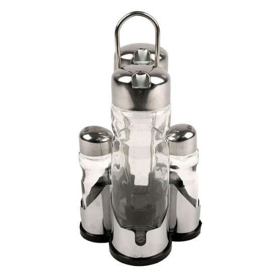 Oliviera Sticla, Sticla si Inox, cu Patru Piese, Oliviere din Sticla, Oliviere cu Recipiente Condimente, Oliviere cu Suporturi pentru Condimente, Oliviera cu Recipente Sticla, Recipient Ulei si Otet, Oliviera din Sticla, Oliviere Restaurant