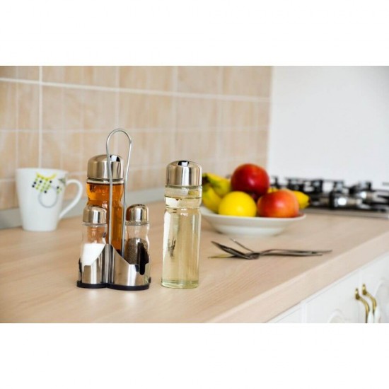 Oliviera Sticla, Sticla si Inox, cu Patru Piese, Oliviere din Sticla, Oliviere cu Recipiente Condimente, Oliviere cu Suporturi pentru Condimente, Oliviera cu Recipente Sticla, Recipient Ulei si Otet, Oliviera din Sticla, Oliviere Restaurant