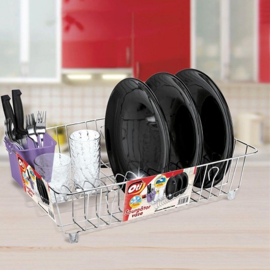 Scurgator Vase, 44x35x13 cm, Plastic si Inox, Culoare Mov, Suporturi de Plastic pentru Depozitarea Vaselor, Scurgator de Vase din Plastic, Picurator pentru Vase, Scurgatoare pentru Vase, Suport pentru Vase din Inox, Suport de Inox pentru Vase