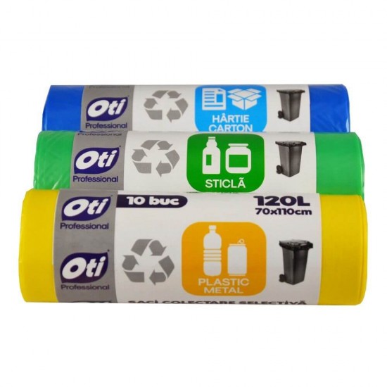 Saci Menajeri OTI Colectare Selectiva,120L, 70x110 cm, 10 Buc/Rola, Sticla, Culoare Verde, Saci Menaj, Saci de Gunoi, Saci Menajeri 120L, Saci de Gunoi Plastic si Metal, Saci Colectare Selectiva