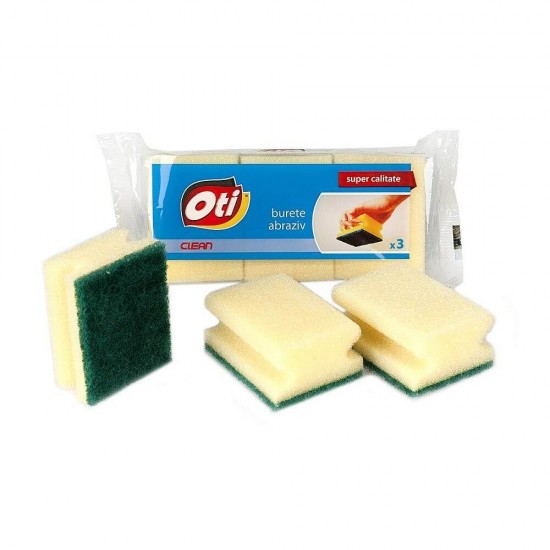Set 3 Bureti cu Canelura OTI Clean, 85x65x40 mm, Culoare Galbena, Spuma Poliuretanica si Fibra Abraziva, Burete cu Spuma si Fibra Abraziva, Bureti cu Canelura pentru Vase, Burete Menaj, Burete cu Canelura, Bureti de Vase