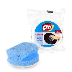 Burete OTI Clean pentru Teflon, 94x80x45 mm, Culoare Albastra, Spuma Poliuretanica si Fibra Abraziva, Bureti Curatare Teflon, Bureti de Vase, Bureti pentru Vase, Bureti de Spalat Vasele, Bureti cu Spuma pentru Teflon, Burete cu Fibra pentru Teflon