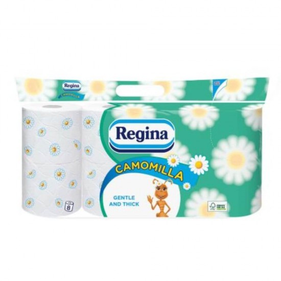 Hartie Igienica Regina Camomilla, 3 Straturi, 8 Role/Bax, 315 Foi/Rola, Latime 12.5 cm, Parfum de Musetel, Hartie Igienica cu Parfum, Hartie Igienica la Bax, Hartie Igienica Parfumata, Hartie Igienica Regina