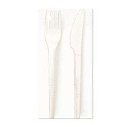 Set Tacamuri Biodegradabile din CPLA, Furculita, Cutit, Servetel, Albe