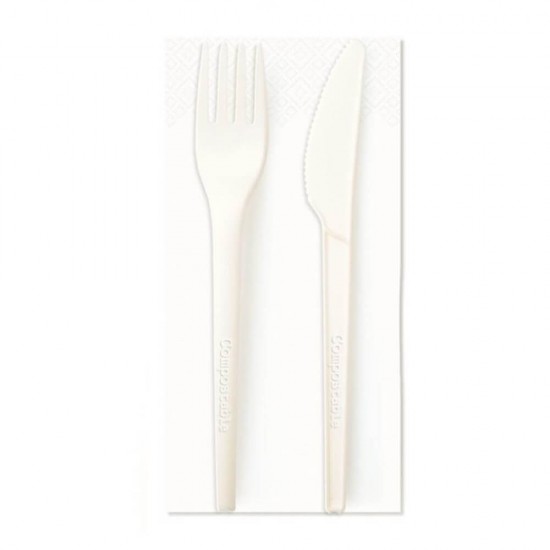 Set Tacamuri Biodegradabile din CPLA, Furculita, Cutit, Servetel, Albe