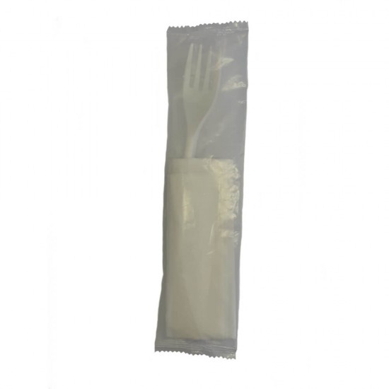 Set Tacamuri Biodegradabile din CPLA, Furculita, Servetel, Albe