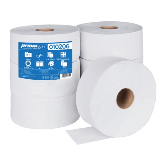 Hartie Igienica Alba, Reciclata, 2 Straturi, 180m, 6 Role/bax, Prima Soft Jumbo 230