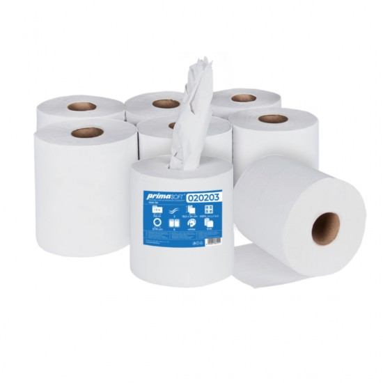 Prosop Rola Hartie Alba, Reciclata, Derulare Centrala, 155m-2 Straturi, 6 Role/bax, Prima Soft Maxi