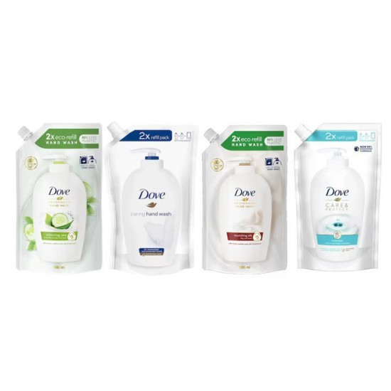 Pachet Promo: Rezerva Sapun Lichid Dove Original, Cantitate 500 Ml + Rezerva Sapun Lichid Dove Nourishing Silk 500 Ml + Rezerva Sapun Lichid Dove Go Fresh 500ml + Rezerva Sapun Lichid Dove Care And Protect 500ml