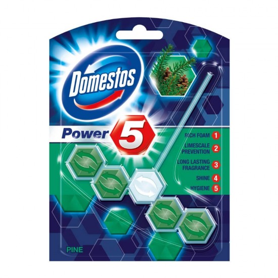Odorizant pentru Toaleta Domestos Pine 5 in 1, 55 g, Odorizant Toaleta, Odorizant cu Sistem de Prindere Ajustabil, Odorizant Toaleta Domestos, Odorizant WC Domestos, Domestos Odorizant Wc Bile