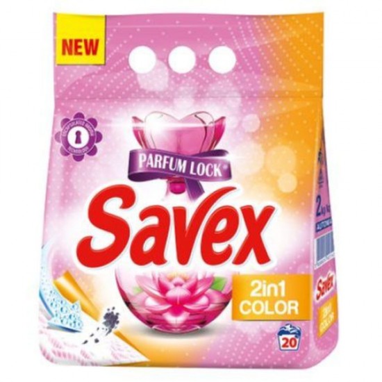 Detergent Pudra Automat pentru Rufe SAVEX 2 in 1 Color, Cantitate 2 Kg, 20 Spalari, Parfum Floral, Detergent Automat pentru Haine Colorate, Detergenti Pudra pentru Haine, Solutii Curatare a Hainelor, Detergenti pentru Haine Colorate