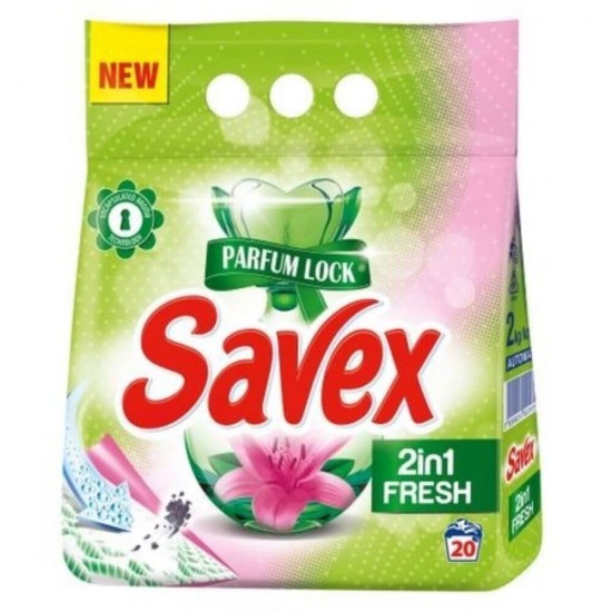 Detergent Pudra Automat de Rufe SAVEX 2 in 1 Fresh, Cantitate 2 Kg, 20 Spalari, Parfum Fresh, Detergent Automat pentru Haine Colorate, Detergenti Pudra pentru Haine, Solutii Curatare a Hainelor