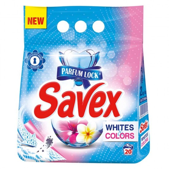 Detergent Pudra Automat de Rufe SAVEX 2 in 1 Whites and Colors, Cantitate 2 Kg, 20 Spalari, Parfum Floral, Detergent Automat pentru Haine Albe si Colorate, Detergenti Pudra pentru Haine, Solutii Curatare a Hainelor