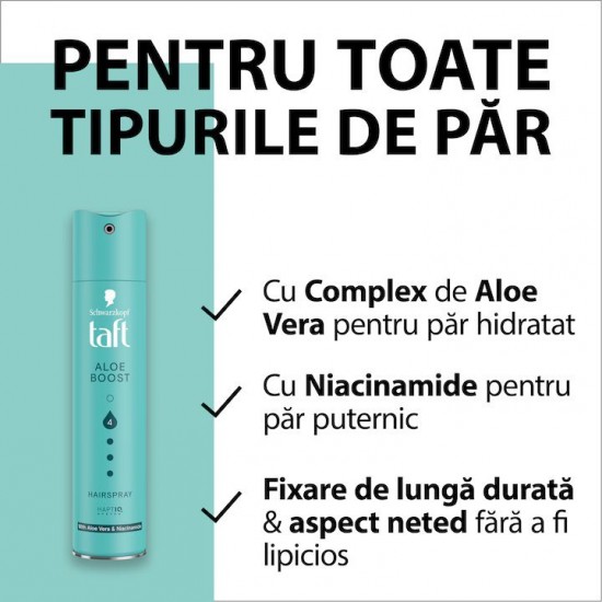 Fixativ Spray Taft Aloe Boost, Nivel De Fixare 4, Pentru Toate Tipurile De Par, 250 Ml