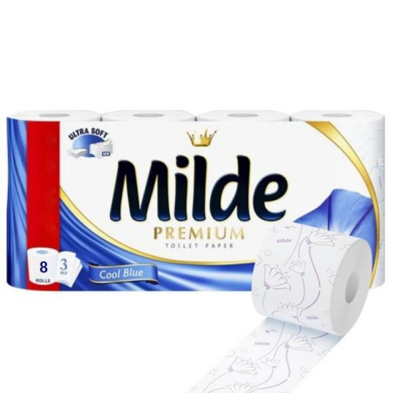 Hartie Igienica Parfumata Milde Cool Blue, 3 Straturi, 8 Role/Bax, 150 Foi/Rola, Latime 95 cm, Hartie cu Parfum Floral, Hartie Igienica Parfumata, Hartie Igienica la Bax, Hartie Igienica Alba, Hartie Igienica Milde