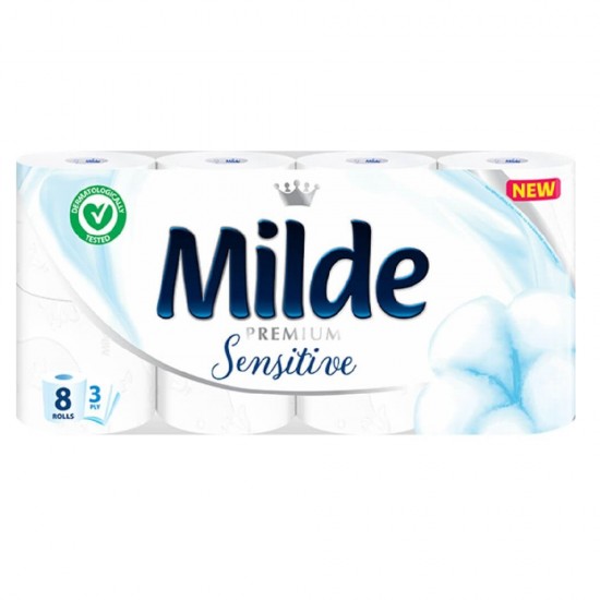 Hartie Igienica Alba Milde Sensitive cu 3 Straturi, 8 Role/Bax, 150 Foi/Rola, Latime 95 cm, Hartie fara Parfum, Hartie Igienica Premium, Hartie Igienica la Bax, Hartie Igienica Alba, Hartie Igienica Milde