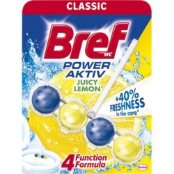 Odorizant WC Bref Power Aktiv Juicy Lemon, 50 g, Parfum de Lamaie, Odorizant Toaleta, Odorizant Anticalcar pentru WC, Odorizant pentru Toaleta cu Suport, Bile Odorizante WC, Odorizant Dezinfectant pentru WC