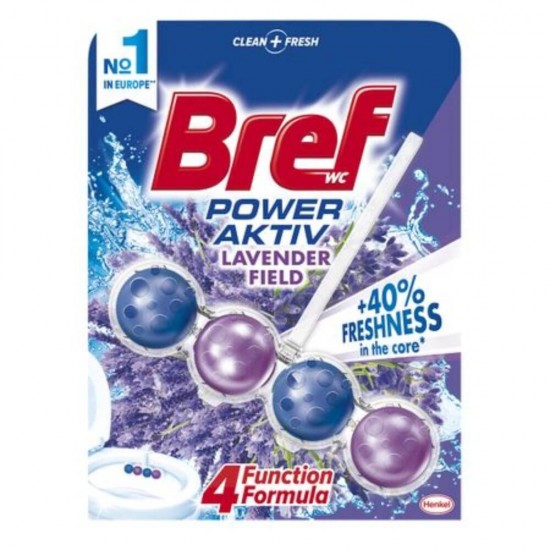 Odorizant WC Bref Power Aktiv Lavender, 50 g, Parfum de Lavanda, Odorizant Toaleta, Odorizant Anticalcar pentru WC, Odorizant pentru Toaleta cu Suport, Bile Odorizante WC, Odorizant Dezinfectant pentru WC